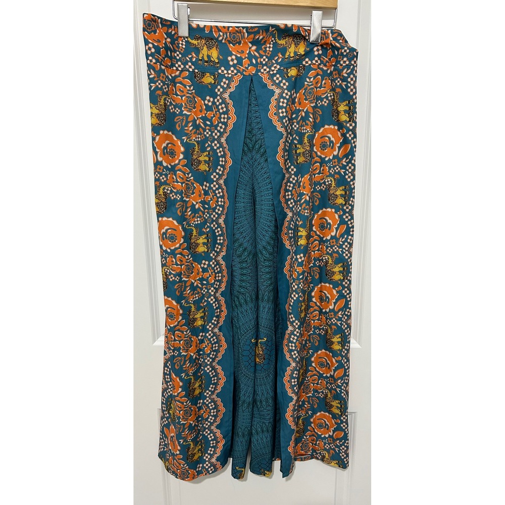 Bohemian Elephant Mandala Print Wide Leg Palazzo Pants Teal Orange L XL festival